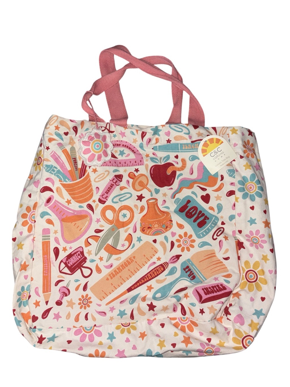 C&C California Colorful Floral & Heart Canvas Tote in Pink, Teal, Coral